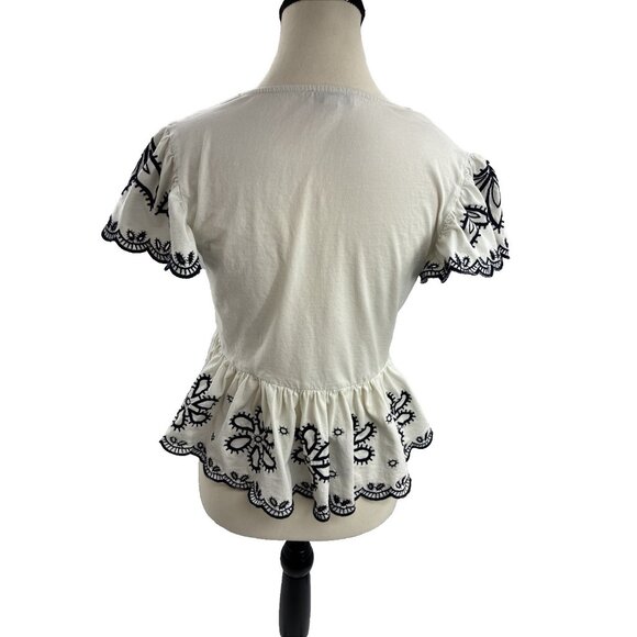 Express Womens XS White Blue Embroidered Peplum Short Sleeve Top - Picture 4 of 6